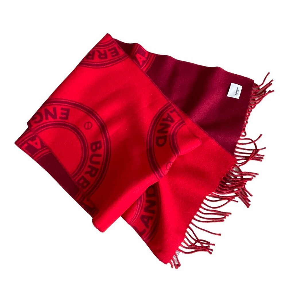 Burberry Bright Red Reversible Roundal Scarf, 100% wool, with logo - Picture 9 of 11